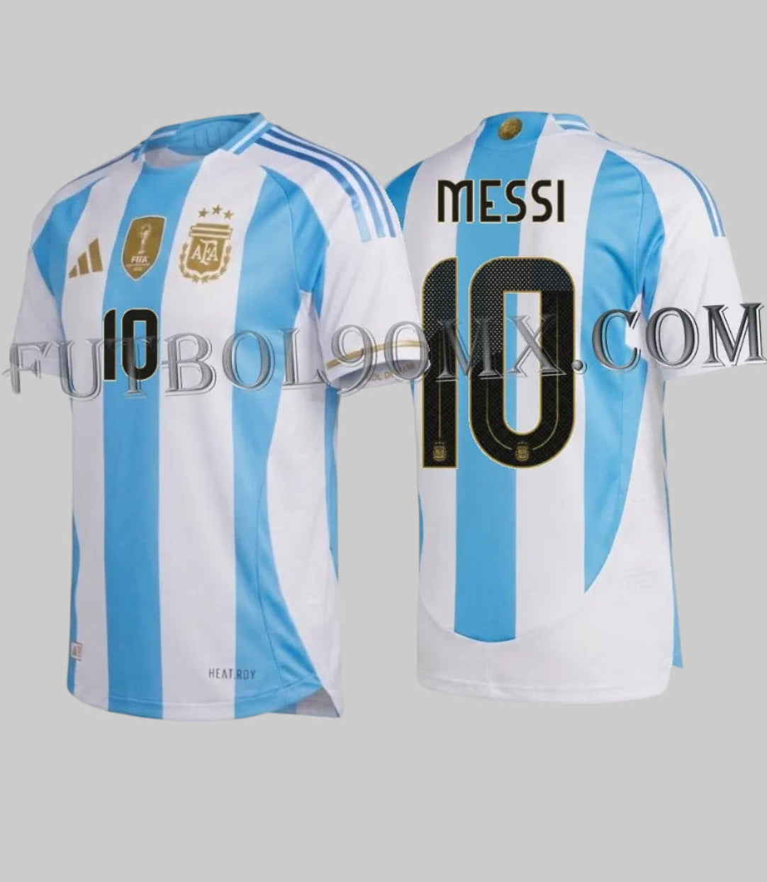 Jersey oficial Argentina 2024 versión Authentic Match de Lionel Messi, frente y espalda, con detalles en dorado y tecnología HEAT.RDY de Adidas, codigo IP8388, disponible en Futbol90MX
