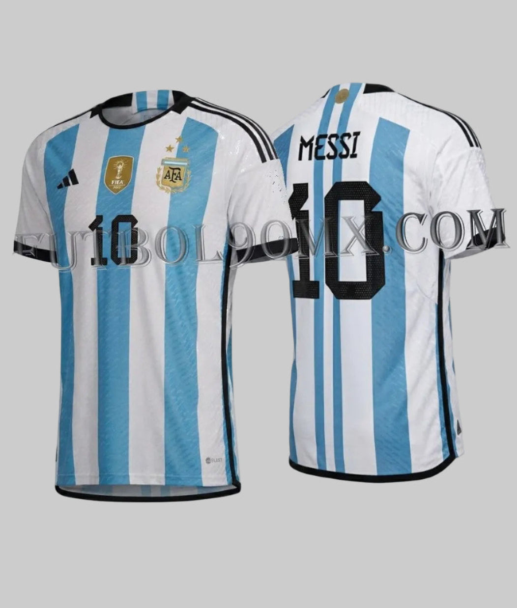 Jersey auténtico de juego de Argentina Mundial 2022, versión campeón del mundo, con el nombre y número 10 de Lionel Messi, vista frontal y posterior, producto original de archivo, codigo IV5786 en Futbol90MX.