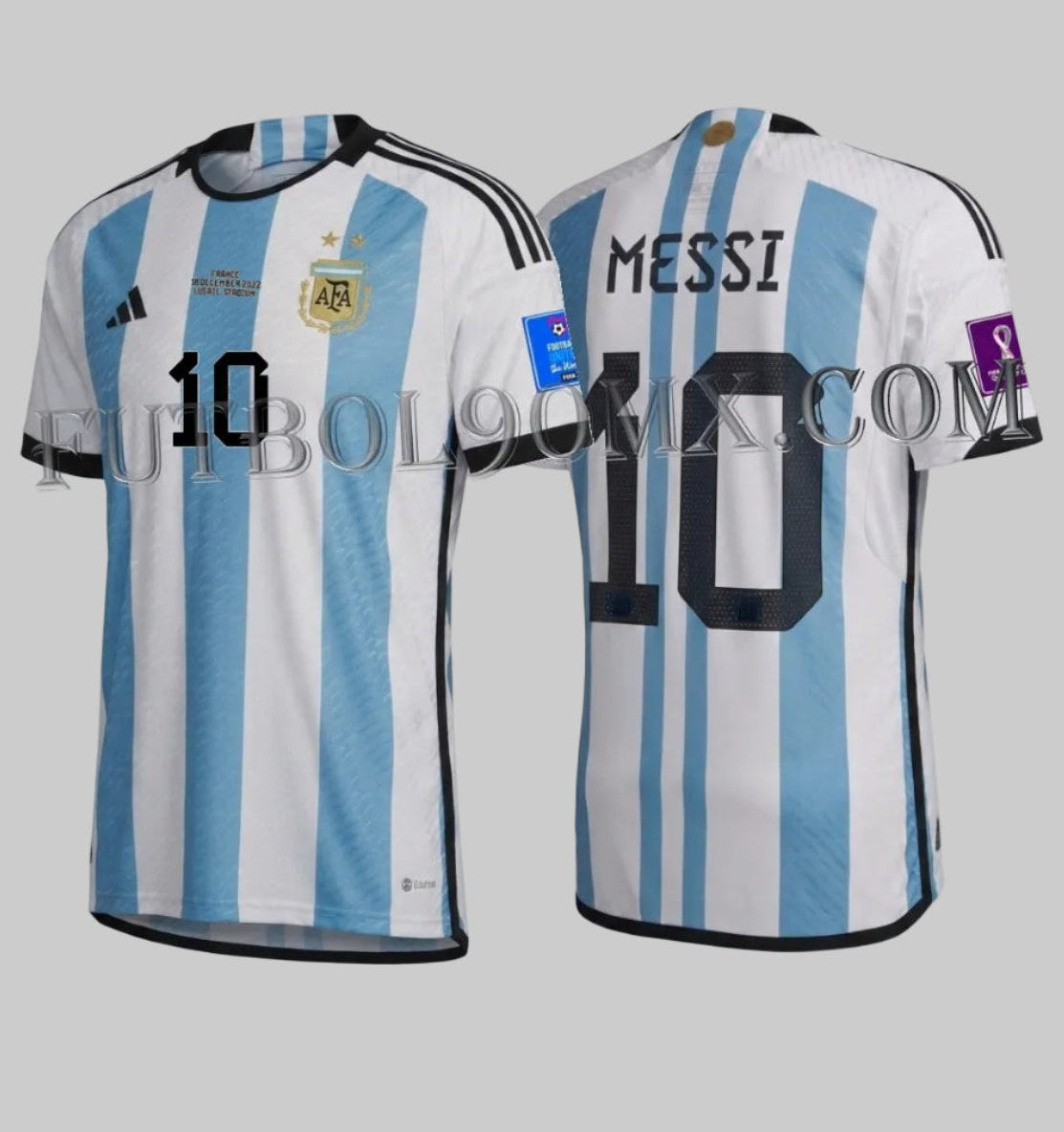 Vista dual del Jersey Adidas Authentic Match de Argentina Final Copa MUndial 2022, con tipografía de Messi 10, codigo HF2157, disponible en Futbol90MX