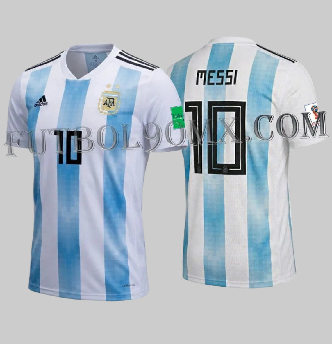 Dorsal oficial de Lionel Messi número 10 en tipografía de bloque negro, Jersey Argentina Mundial Rusia 2018. Detalle de autenticidad en numeración para coleccionistas.