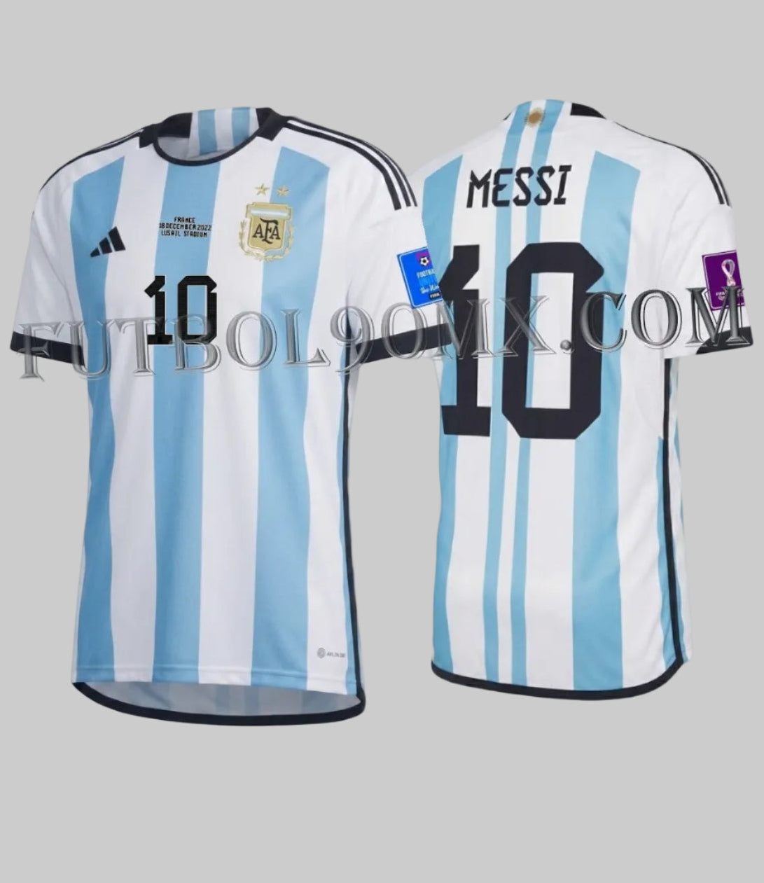Jersey adidas Argentina local Final Mundial Qatar 2022 de Lionel Messi, vista dual completa con parches y detalles, codigo HF2158, disponible en Futbol90MX