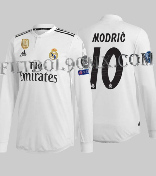 Jersey auténtico Match Adidas Real Madrid 2018/19 manga larga de Luka Modrić, edición UEFA Champions League, codigo DQ0869. Vista completa con dorsal 10, pieza de colección Futbol90MX.