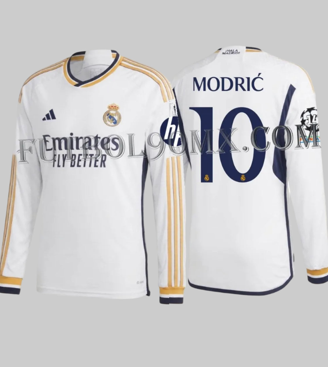 Vista frontal y posterior del jersey Adidas Luka Modric Real Madrid UEFA Champions League Authentic Match manga larga 2023/24 (Ref. IA9978) disponible en Futbol90MX
