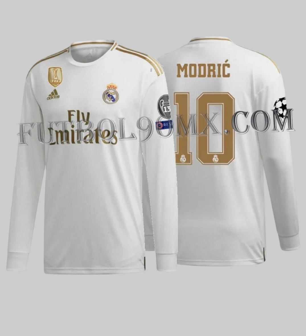 Vista frontal y dorsal del jersey Adidas de manga larga del Real Madrid UEFA Champions League 2019/20 de Luka Modrić (DZ0439), mostrando el diseño blanco y dorado, parches oficiales y la personalización 'MODRIĆ #10' en Futbol90MX