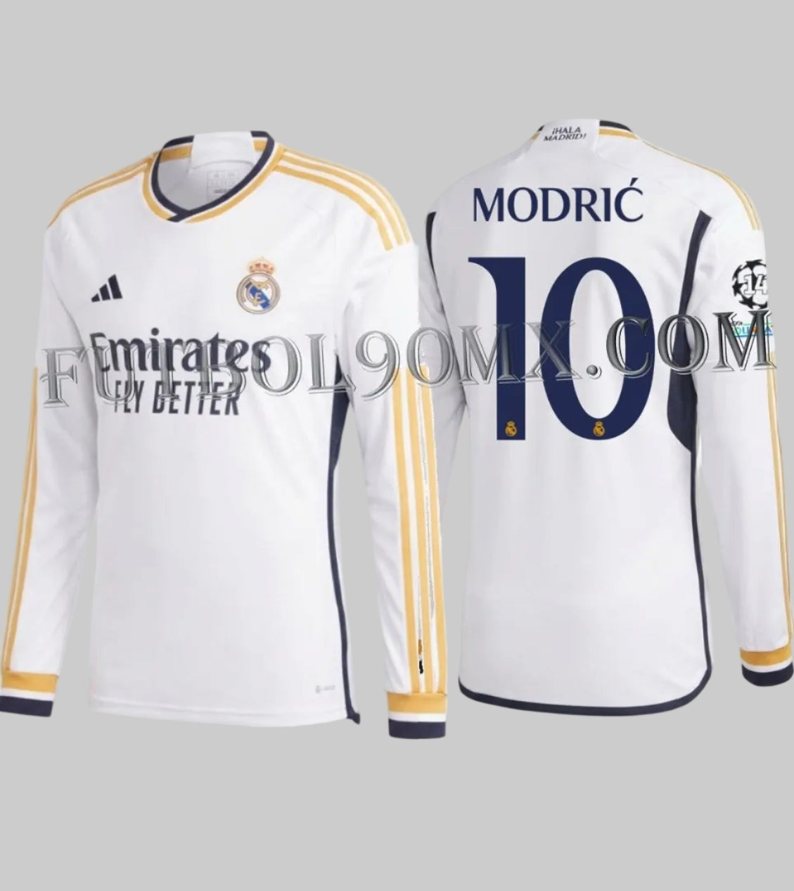Vista frontal y posterior del jersey Adidas Luka Modric Real Madrid de manga larga para UEFA Champions League de casa 2023/24 (Ref. IB0018) con tipografía oficial #10 y parches continentales, disponible en la Historical Archive Boutique de Futbol90MX