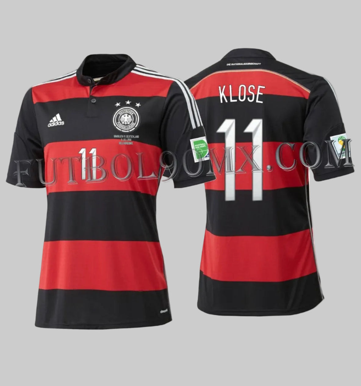 Vista frontal y posterior del jersey de visitante de Alemania 2014 original, edición conmemorativa semifinal de Belo Horizonte con el dorsal oficial KLOSE 11, codigo Adidas G74520 en Futbol90MX