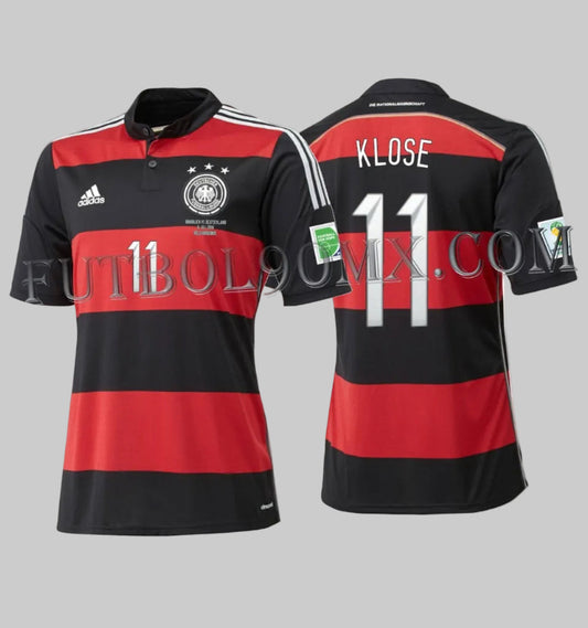 Vista frontal y posterior del jersey de visitante de Alemania 2014 original, edición conmemorativa semifinal de Belo Horizonte con el dorsal oficial KLOSE 11, codigo Adidas G74520 en Futbol90MX
