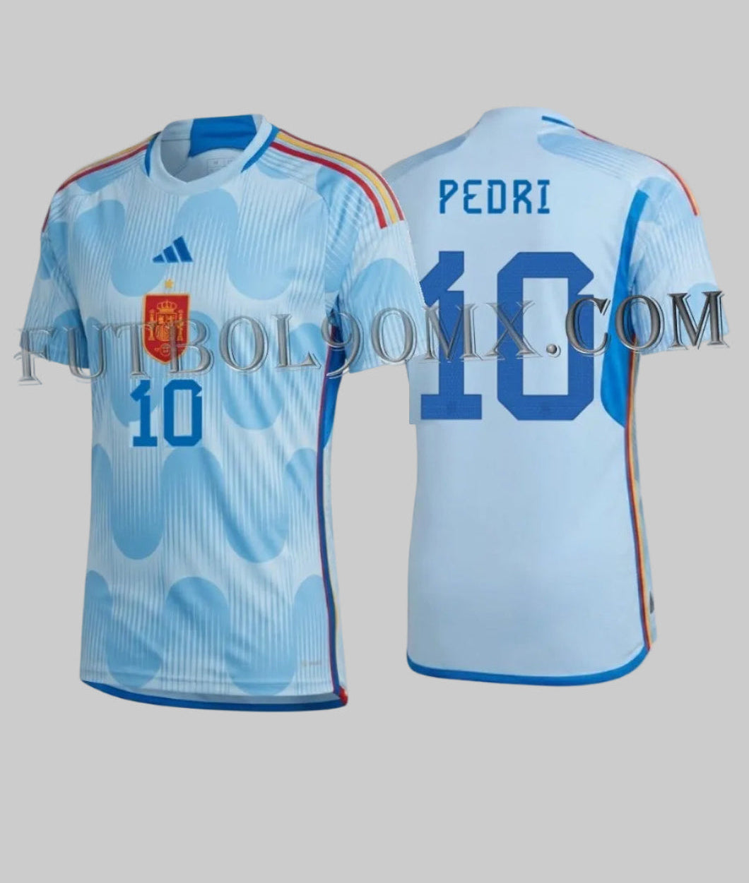 Jersey de visita Adidas España Mundial FIFA 2022 personalizado con Pedri #10, vista frontal y posterior, código HE2020, disponible en Futbol90MX