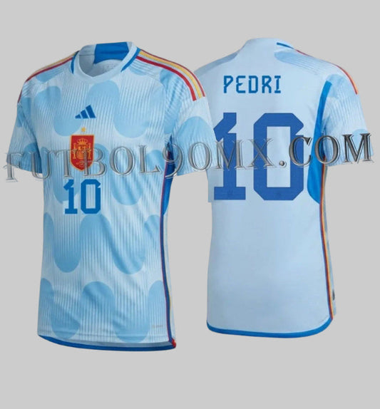 Jersey de visita Adidas España Mundial FIFA 2022 personalizado con Pedri #10, vista frontal y posterior, código HE2020, disponible en Futbol90MX