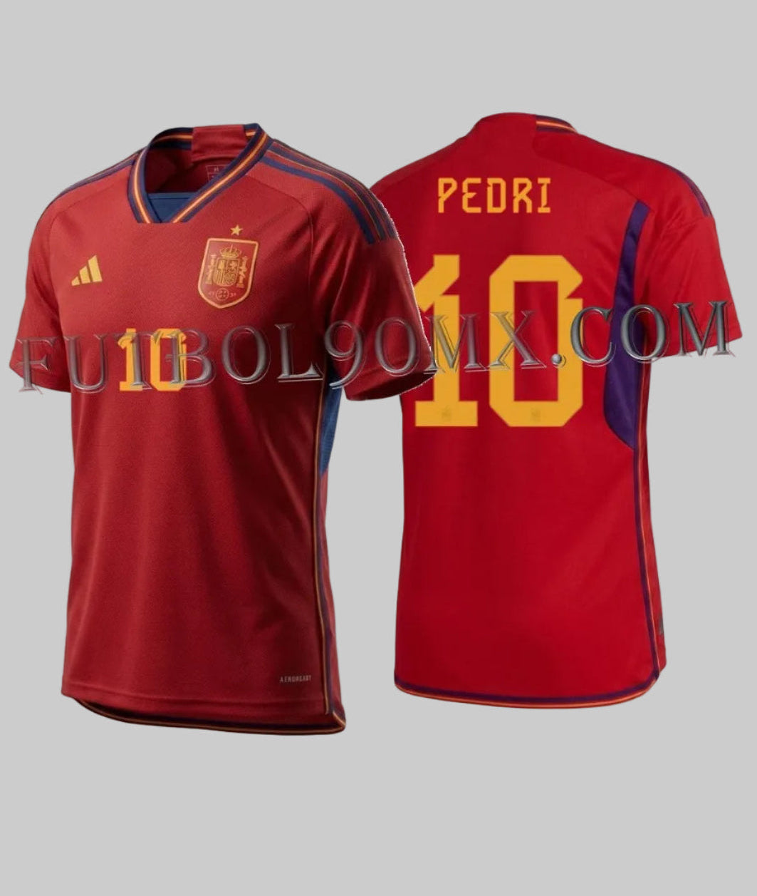 Jersey de local Adidas España Mundial FIFA 2022 personalizado con Pedri #10, vista frontal y posterior, referencia HL1970, disponible en Futbol90MX