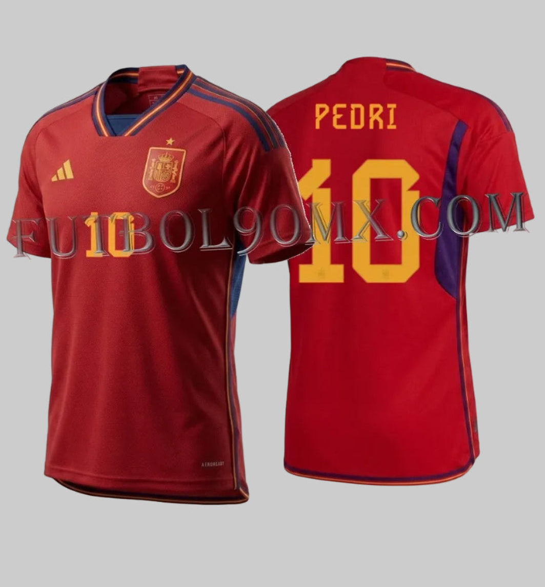 Jersey de local Adidas España Mundial FIFA 2022 personalizado con Pedri #10, vista frontal y posterior, referencia HL1970, disponible en Futbol90MX