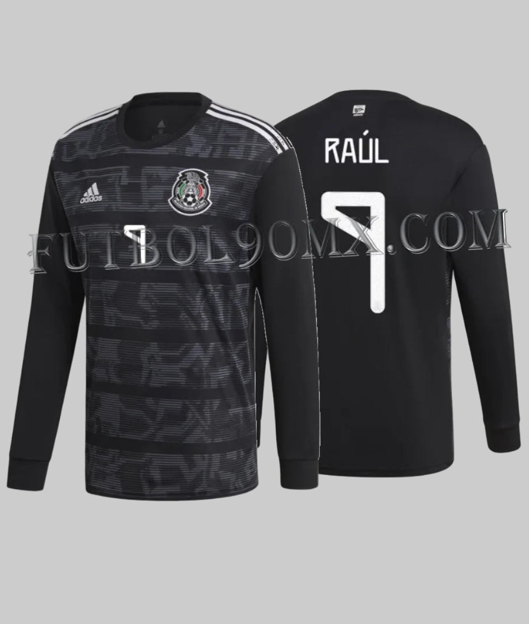 Vista dual del Jersey oficial Adidas México 2019, edición manga larga local en negro, personalizada con Raúl Jiménez 9, codigo DP0207, disponible en Futbol90MX