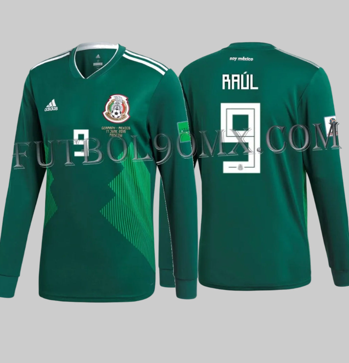 Vista frontal y posterior del jersey Adidas BQ4700 de local México 2018 versión manga larga con el nombre RAÚL y el número 9 en tipografía oficial calada de Adidas para el Mundial de Rusia.
