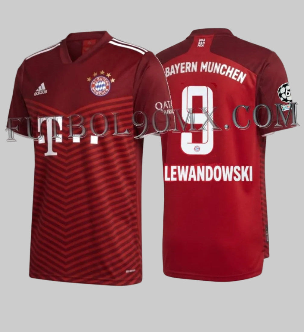 Vista combinada en formato de archivo que muestra simultáneamente la parte delantera y trasera del jersey Adidas Bayern München Home UEFA Champions League 2021/22 con la personalización oficial de Robert Lewandowski #9, codigo GM5313, disponible en Futbol90MX