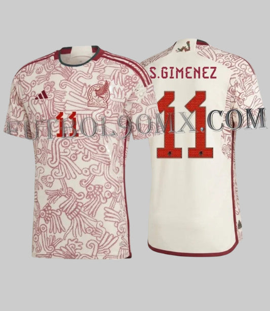 Jersey adidas de visitante de México Mundial 2022 con personalización de Santiago Giménez #11, vista frontal y posterior, diseño inspirado en la cultura Mixteca, codigo HD9314, disponible en Futbol90MX