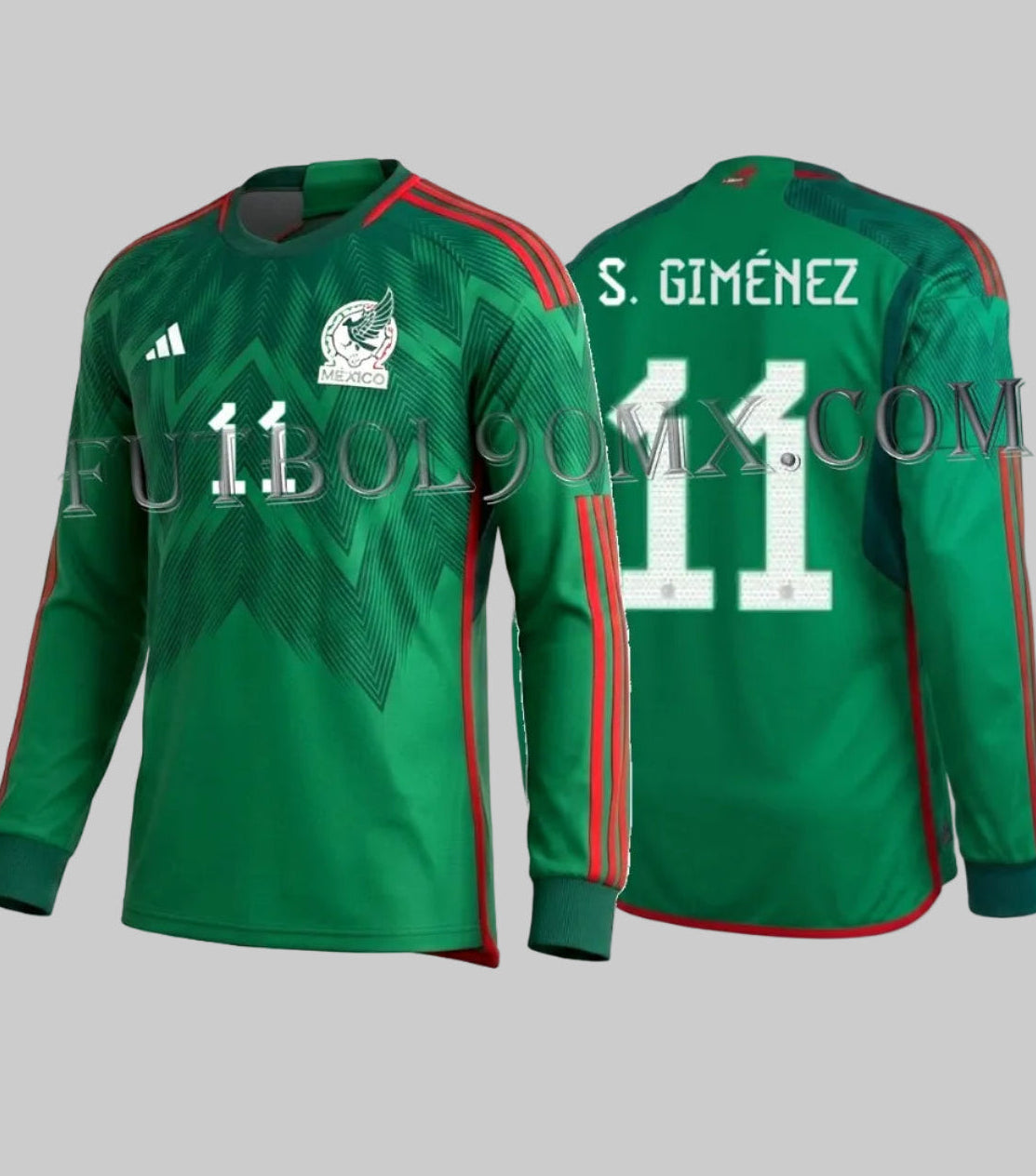 Vista frontal y posterior en ángulo del jersey Adidas de la Selección de México versión local manga larga de la Copa Mundial 2022, personalizado con el dorsal oficial S. GIMÉNEZ y el número 11 en tipografía blanca microperforada en Futbol90MX, codigo HE8850