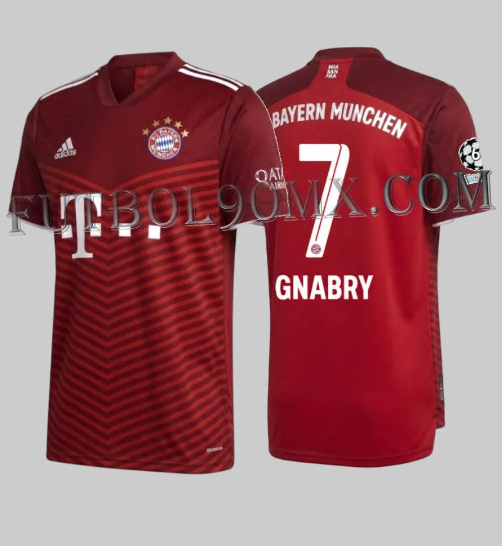 Vista combinada en formato de archivo que muestra simultáneamente la parte delantera y trasera del jersey Adidas Bayern München Home UEFA Champions League 2021/22 con la personalización oficial de Serge Gnabry #7, codigo GM5313, disponible en Futbol90MX