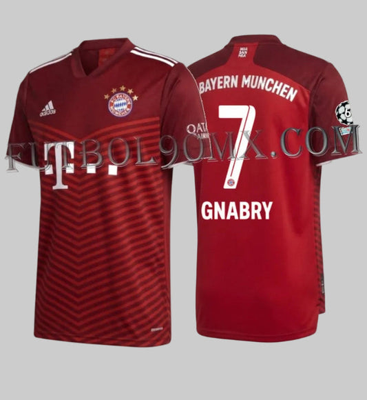 Vista combinada en formato de archivo que muestra simultáneamente la parte delantera y trasera del jersey Adidas Bayern München Home UEFA Champions League 2021/22 con la personalización oficial de Serge Gnabry #7, codigo GM5313, disponible en Futbol90MX
