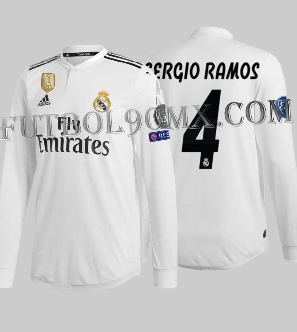 Jersey auténtico match Adidas Real Madrid 2018/19 manga larga de Sergio Ramos, edición UEFA Champions League, codigo DQ0869. Vista completa con dorsal 4, pieza de colección Futbol90MX.