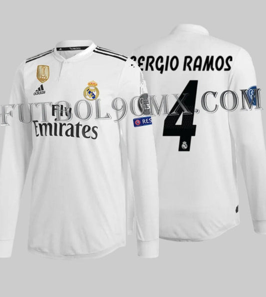 Jersey auténtico match Adidas Real Madrid 2018/19 manga larga de Sergio Ramos, edición UEFA Champions League, codigo DQ0869. Vista completa con dorsal 4, pieza de colección Futbol90MX.