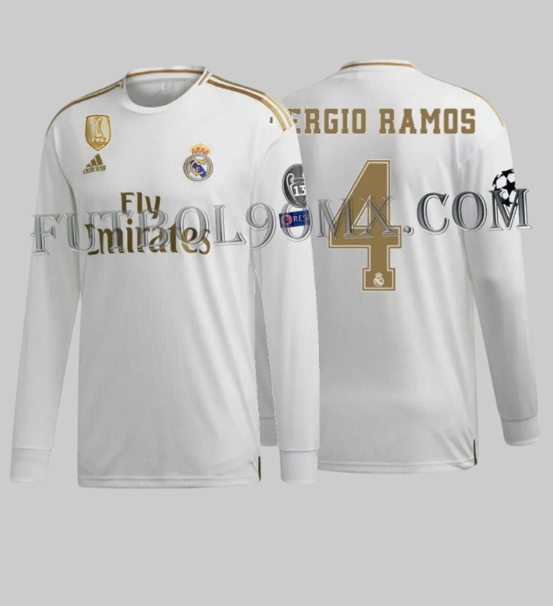 Vista frontal y trasera del jersey de local de manga larga del Real Madrid 2019/20 de Sergio Ramos (DZ0439), disponible en Futbol90MX con parches oficiales de UEFA Champions League y distintivo FIFA.