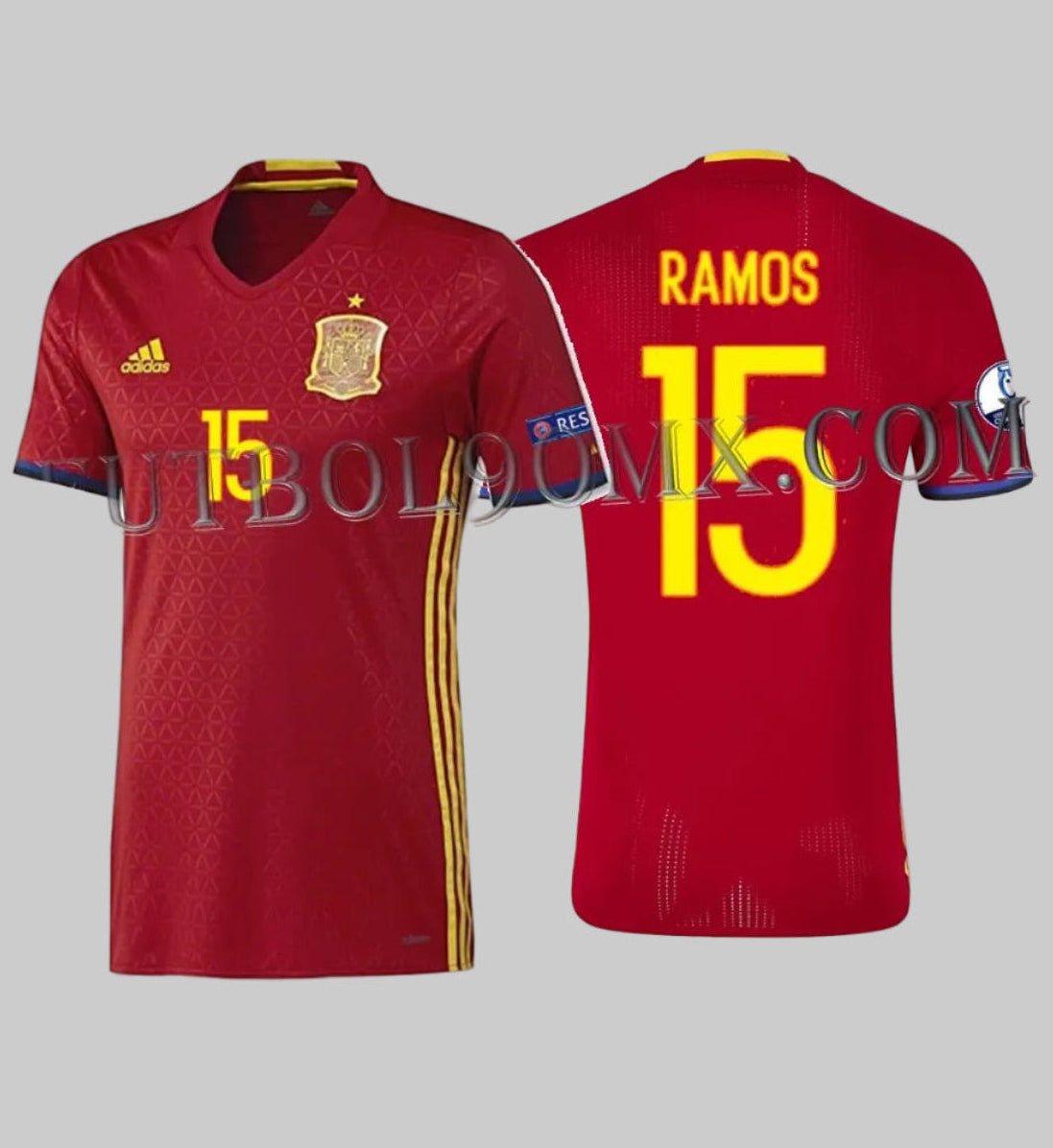 Vista dual del jersey Adizero de España local y con  tipografía oficial del torneo para el nombre RAMOS y el número 15 sobre tejido rojo de alto rendimiento Adidas AA0854 disponible en Futbol90MX