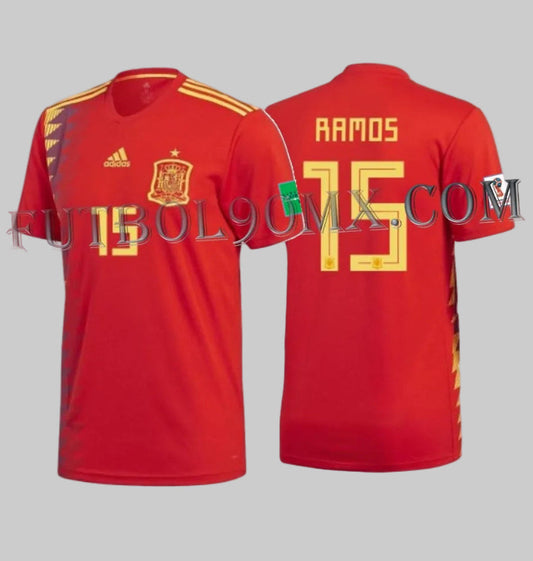 Jersey con nombre oficial RAMOS y número 15 en tipografía oficial de la Selección Española para el Mundial 2018 CX5355 y parches autenticos del torneo, estampado de alta densidad