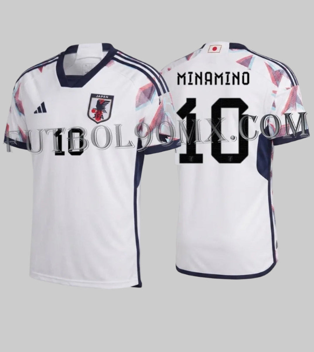 Vista dual del jersey de Japón 2022, resaltando el patrón de origami glitch en las mangas y la tipografia oficial de Minamino 10, codigo HF1844, disponible en Futbol90MX