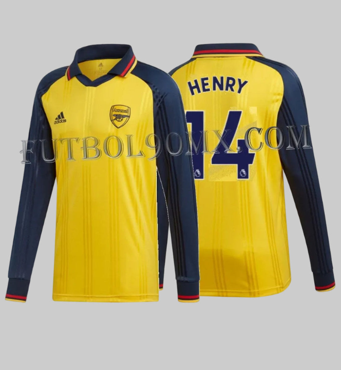 Vista dual del jersey retro Arsenal FC, edición Icons de Thierry Henry con el nombre 'HENRY' y el número '14' impresos en azul marino, codigo EH5614, disponible en Futbol90MX