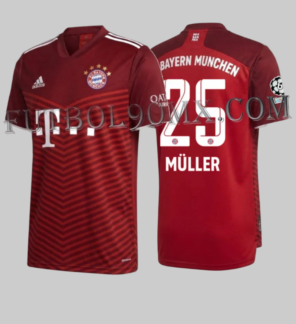 Vista combinada en formato de archivo que muestra simultáneamente la parte delantera y trasera del jersey Adidas Bayern München UEFA Champions League Home 2021/22 con la personalización oficial de Thomas Müller #25, codigo GM5313, disponible en Futbol90MX