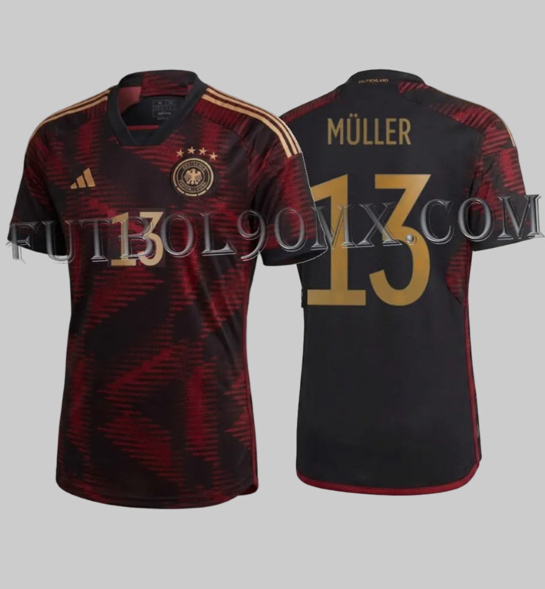 Jersey Adidas de visitante de Alemania Mundial 2022 personalizado con el nombre de Thomas Müller y número 13 en color oro, codigo HJ9604 en Futbol90MX