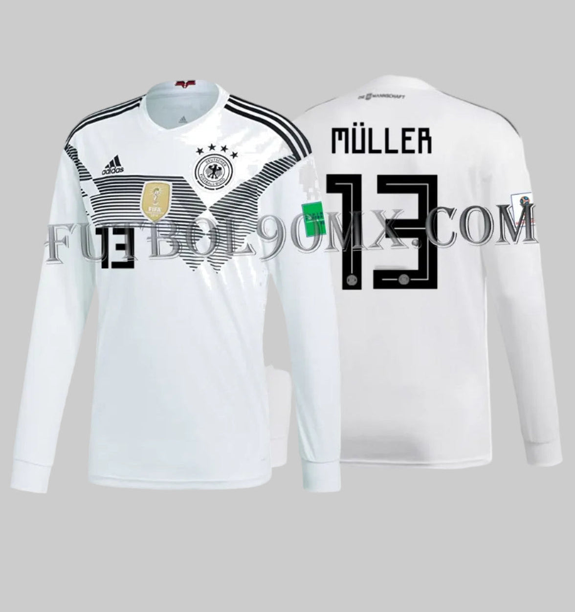 Vista dual del Jersey de Alemania manga larga con estampado oficial en vinil térmico de MÜLLER 13 con la tipografía geométrica de Rusia 2018 y el detalle Die Mannschaft en el cuello, codigo Adidas BR7830 en Futbol90MX