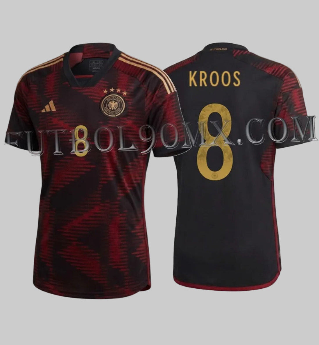 Jersey Adidas de visitante de Alemania Mundial 2022 personalizado con el nombre de Toni Kroos y número 8 en color oro codigo  HJ9604 en Futbol90MX