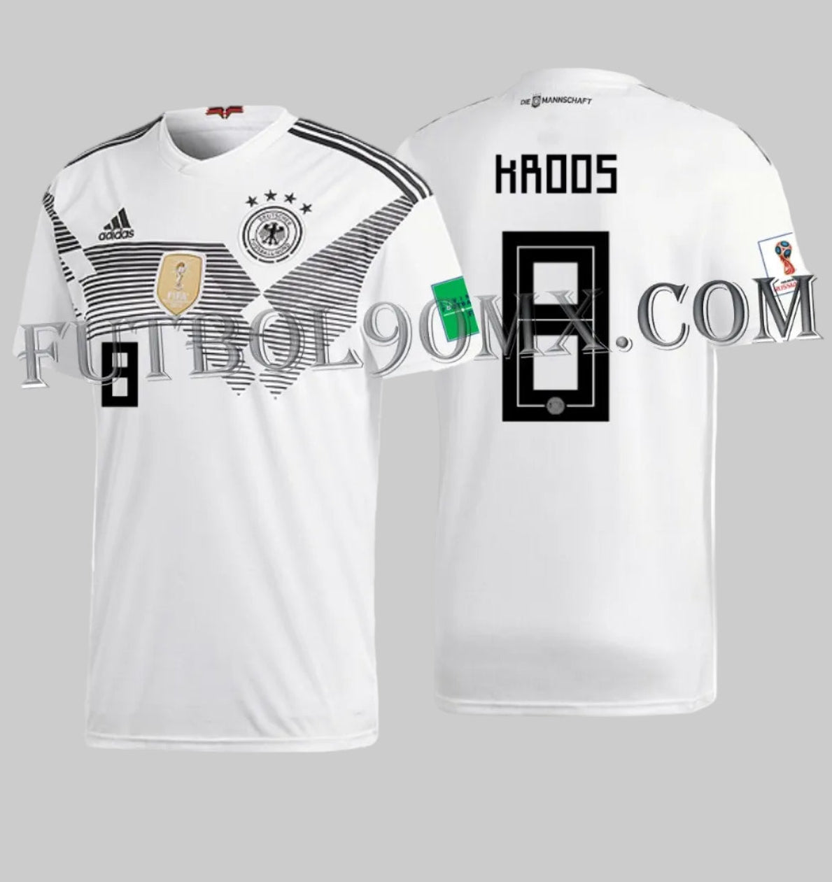 Jersey Alemania local con dorsal oficial KROOS 8 en tipografía Adidas Rusia 2018 y parches del torneo BR7843. Estampado en vinilo térmico original, grado de conservación 10/10 para el Archivo Histórico de Futbol90MX.