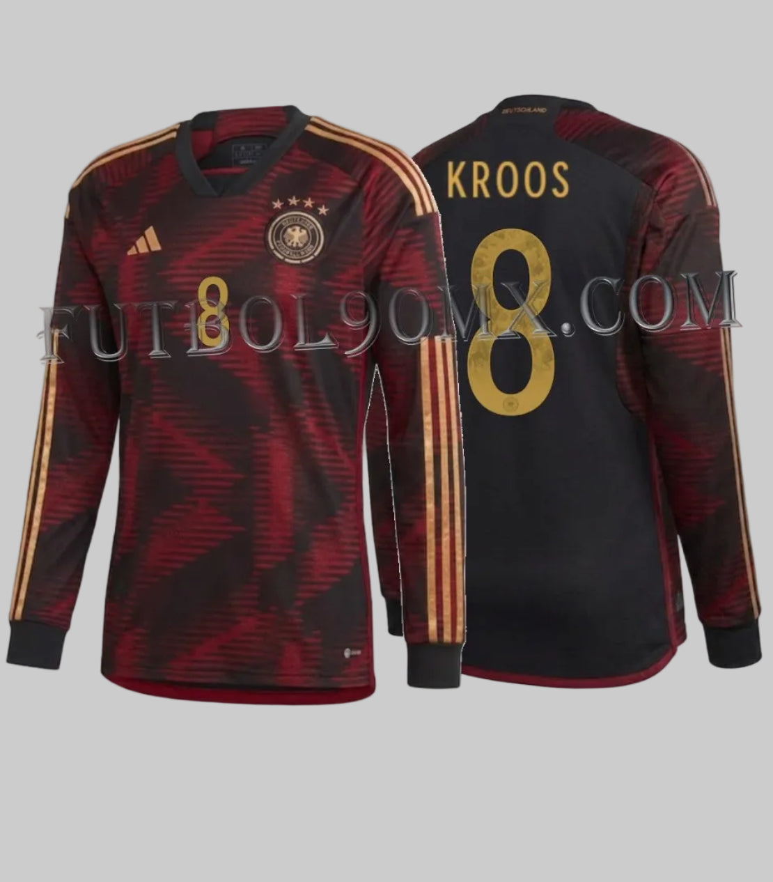 Vista dual del Jersey adidas con personalización oficial nombre y número 8 Toni Kroos, Alemania visitante 2022 manga larga original, codigo HF1466, disponible en Futbol90MX