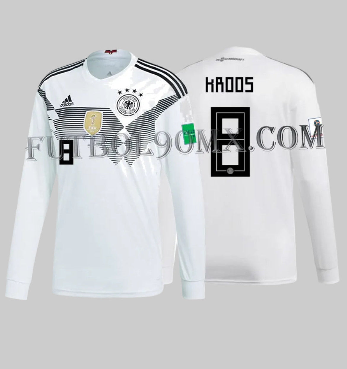 Vista dual del Jersey manga larga de Alemania con estampado oficial en vinil térmico de KROOS 8 con la tipografía geométrica de Rusia 2018 y el detalle Die Mannschaft en el cuello, codigo Adidas BR7830 en Futbol90MX