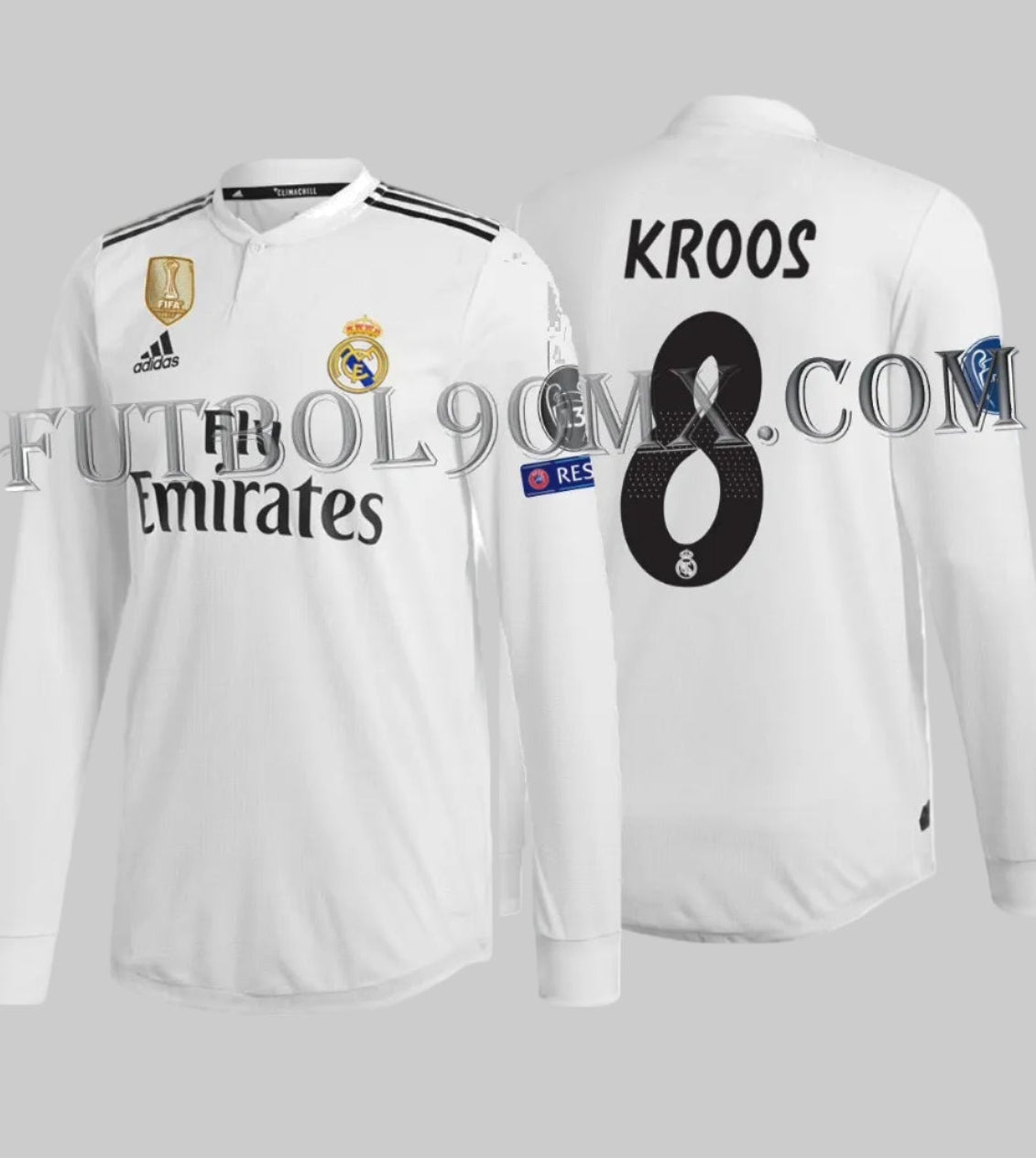 Jersey auténtico Match Adidas Real Madrid 2018/19 manga larga de Toni Kroos, codigo DQ0869, edición UEFA Champions League. Vista completa con dorsal 8, pieza de colección Futbol90MX.
