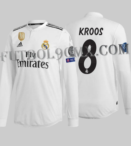 Jersey auténtico Match Adidas Real Madrid 2018/19 manga larga de Toni Kroos, codigo DQ0869, edición UEFA Champions League. Vista completa con dorsal 8, pieza de colección Futbol90MX.