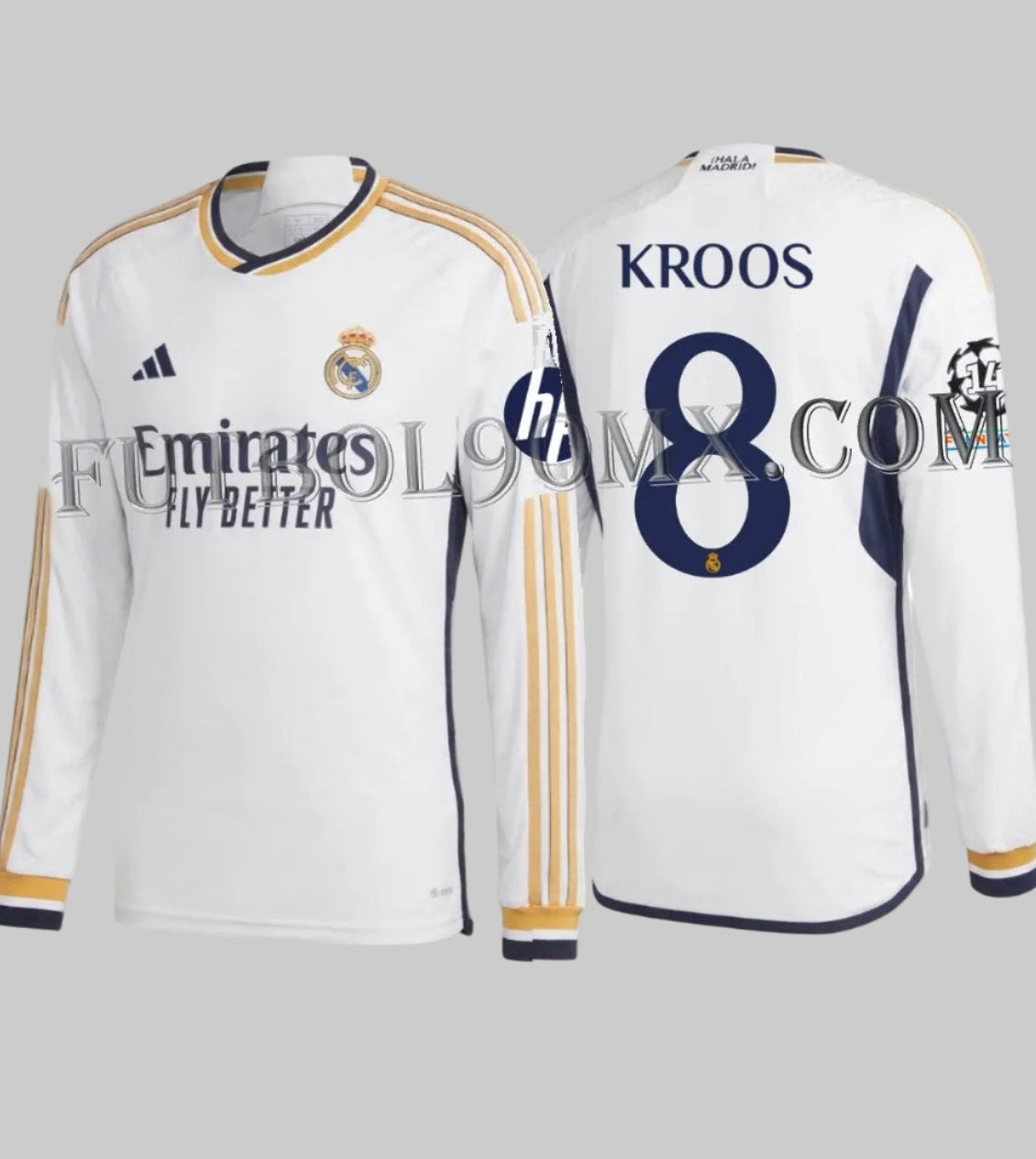 Vista frontal y posterior del jersey Adidas Tony Kroos Real Madrid UEFA Champions League Authentic Match manga larga 2023/24 (Ref. IA9978) disponible en Futbol90MX