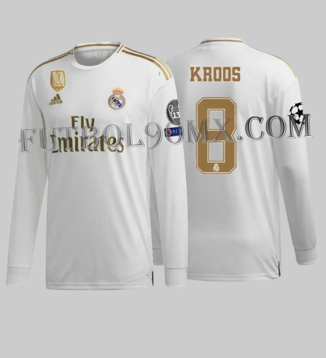 Vista frontal y dorsal del jersey Adidas de manga larga del Real Madrid UCL 2019/20 de Toni Kroos (DZ0439), mostrando el diseño blanco y dorado, parches oficiales UEFA Champions League y la personalización 'KROOS #8'.