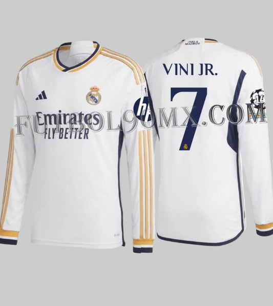 Vista frontal y posterior del jersey Adidas Vini Jr. Real Madrid UEFA Champions League Authentic Match manga larga de Casa 2023/24 (Ref. IA9978) disponible en Futbol90MX