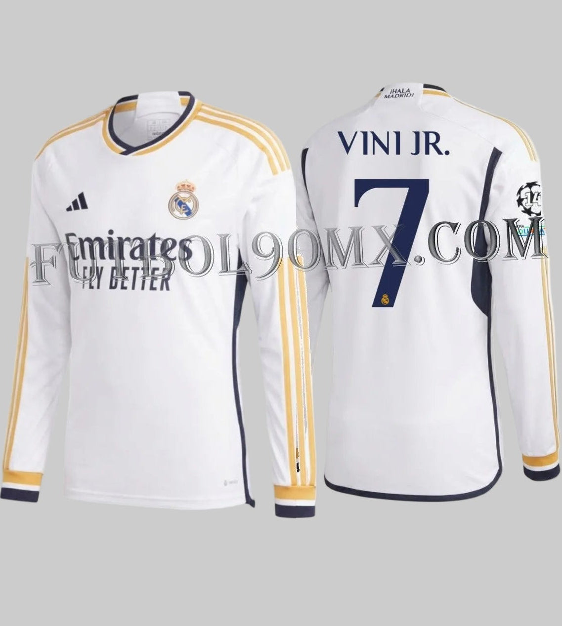 Vista frontal y posterior del jersey Adidas Vini Jr Real Madrid de manga larga para UEFA Champions League de casa 2023/24 (Ref. IB0018) con tipografía oficial #7 y parches continentales, disponible en la Historical Archive Boutique de Futbol90MX