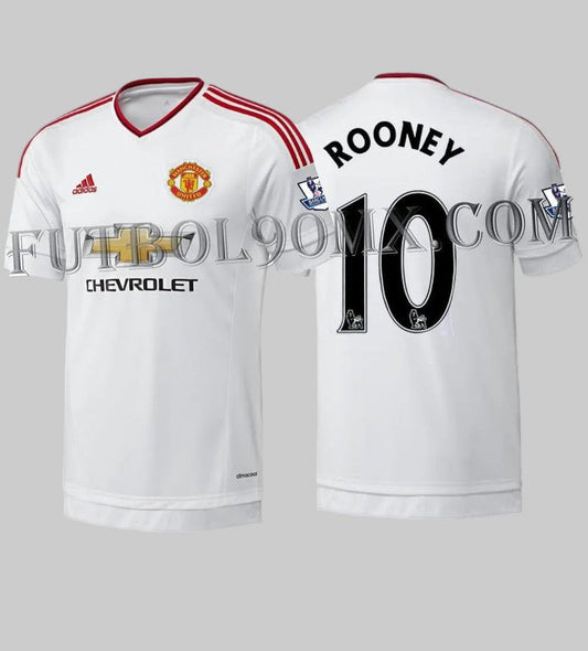 Vista frontal y posterior del jersey oficial Adidas Manchester United Away 2015/16, personalizado con el nombre y número "ROONEY 10", incluyendo parches de la Premier League y referencia de archivo AI6363 de la Historical Archive Boutique Futbol90MX