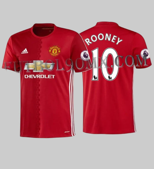 Vista frontal y posterior del jersey adidas Manchester United Local 2016/17 Wayne Rooney #10 (Ref. AI6720) disponible en la Historical Archive Boutique de Futbol90MX