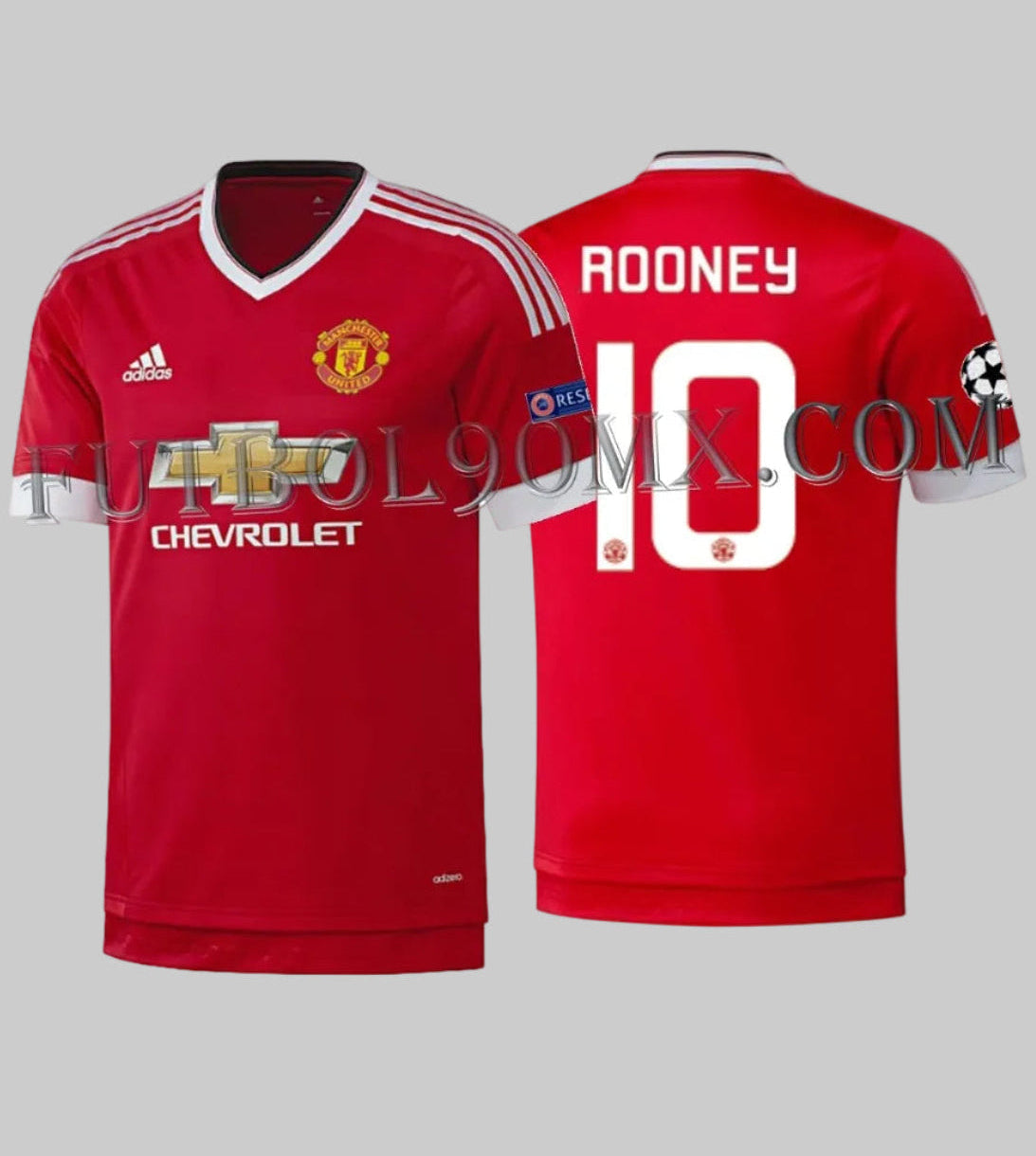 Vista frontal y posterior del jersey authentic match de Rooney de local de la temporada 2015/16 del Manchester United con la personalización oficial de Wayne Rooney #10, incluyendo los parches de la UEFA Champions League y la marca de agua de Futbol90MX.