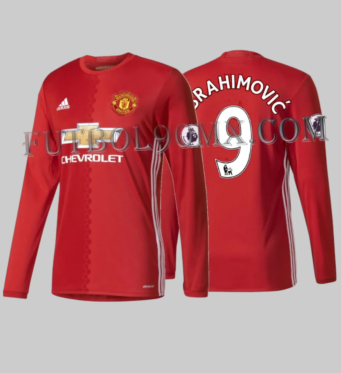 Vista general frontal y posterior con la personalización Ibrahimovic 9 y parches oficiales en el jersey Adidas Manchester United Long Sleeve Home 2016/17 (Ref. AI6718) en la Historical Archive Boutique de Futbol90MX