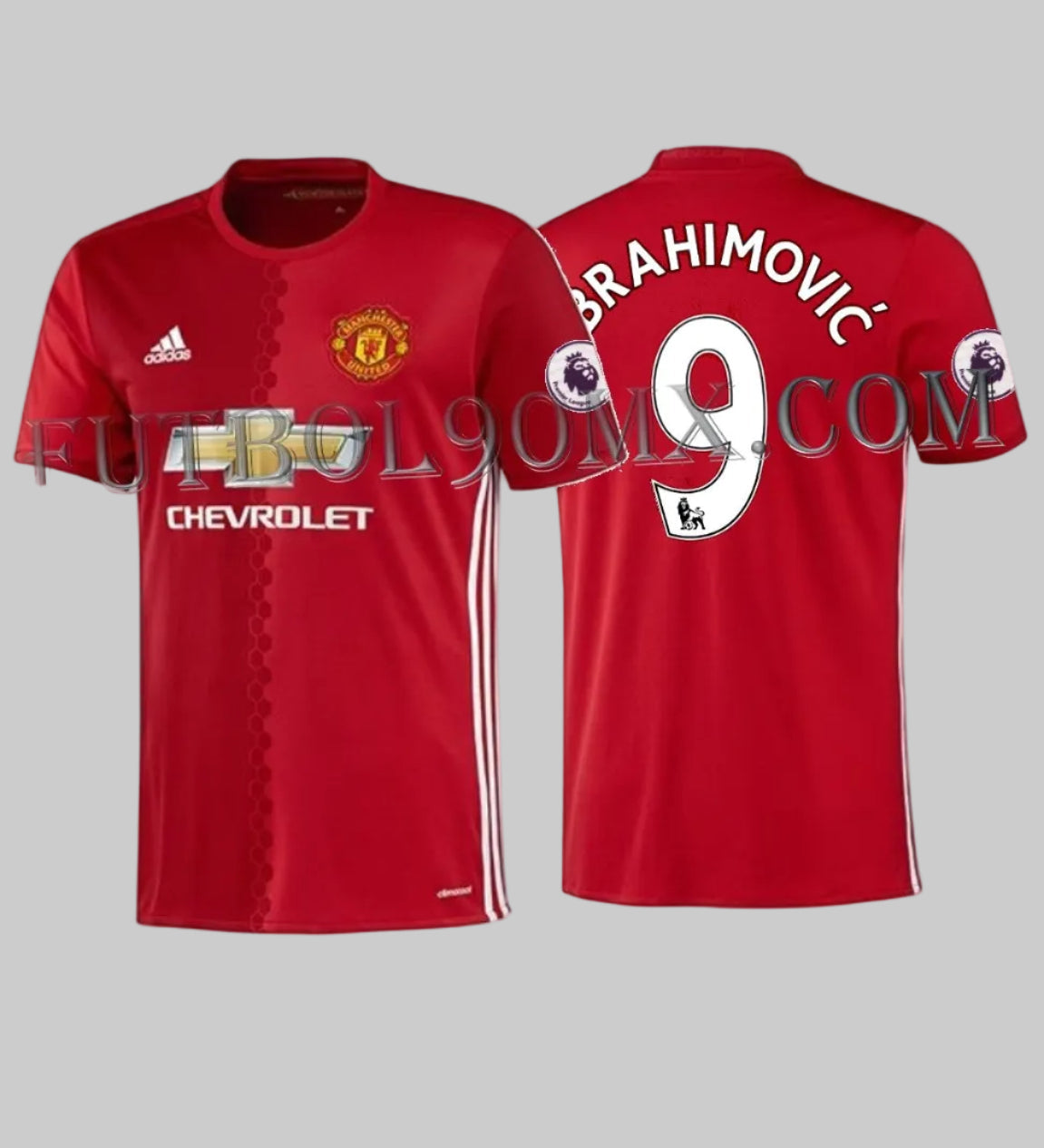 Vista frontal y posterior del jersey adidas Manchester United Local 2016/17 Zlatan Ibrahimović #9 (Ref. AI6720) disponible en la Historical Archive Boutique de Futbol90MX