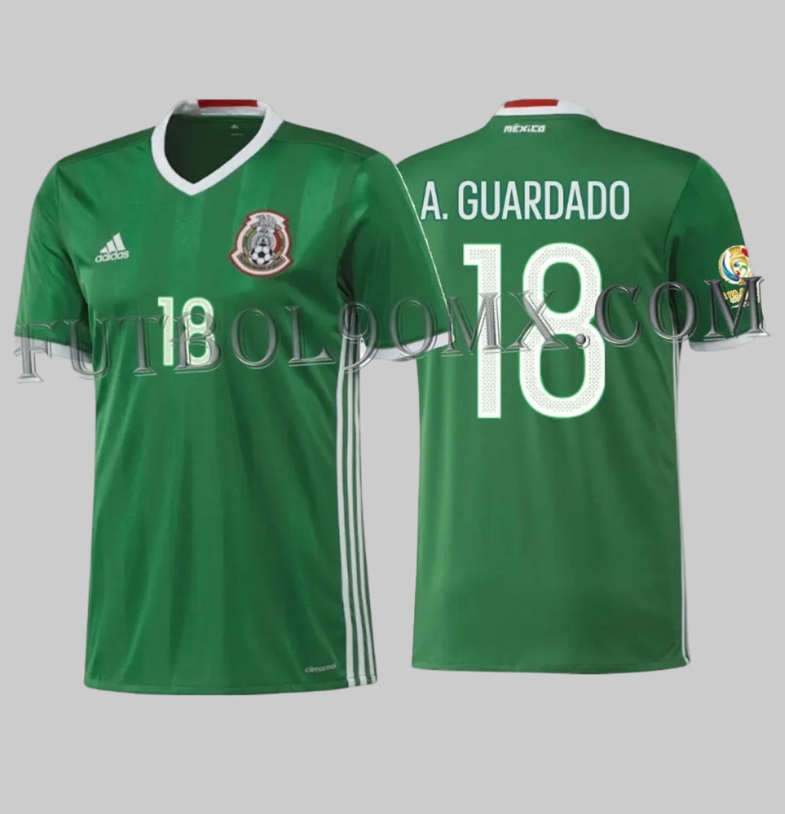 Jersey Adidas México Local 2016 Andrés Guardado #18 Copa América Centenario, vista frontal y dorsal con tipografía oficial blanca.