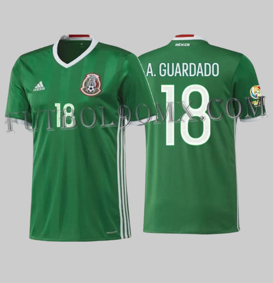 Jersey Adidas México Local 2016 Andrés Guardado #18 Copa América Centenario, vista frontal y dorsal con tipografía oficial blanca.
