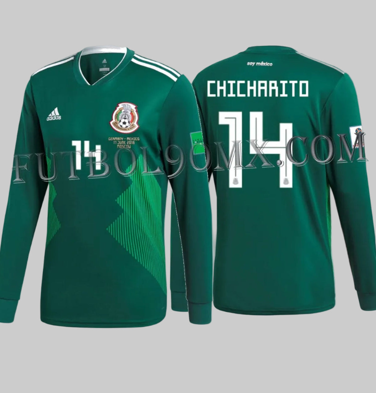 Vista frontal y posterior del jersey adidas BQ4700 de local de México 2018 versión manga larga con el nombre CHICHARITO y el número 14 en tipografía oficial calada de Adidas para el Mundial de Rusia.